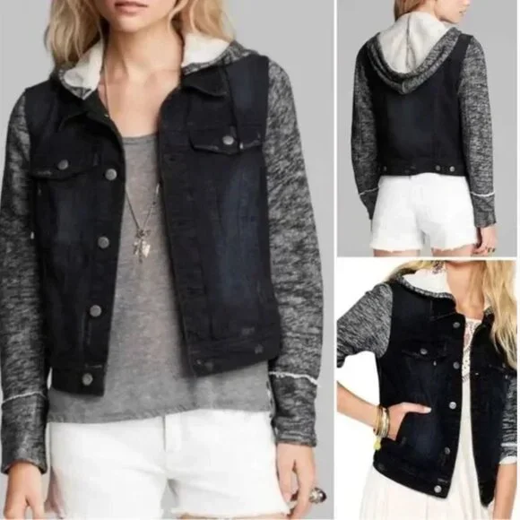 Free People Mixed Media Distressed Cropped Hooded Denim Knit Jean Jacket‎ Size S - Picture 2 of 12